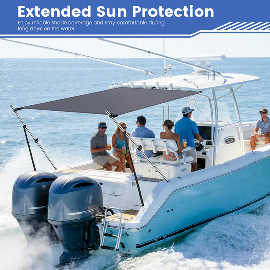 Universal T-Top Shade Extension 1400D Polyester with Adjustable Poles Heavy-Duty UV-Resistant & Waterproof Boat Shade with Telescopic Stainless Steel Pole Kit, Charcoal Gray