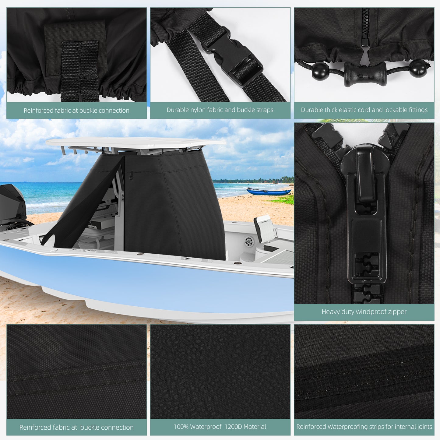 1200D Waterproof T-Top Boat Center Console Cover with Motor Cover, Heavy Duty Marine Grade Polyester Fabric, Fit T-Top Center Console 83" L 55" W 72" H, Black