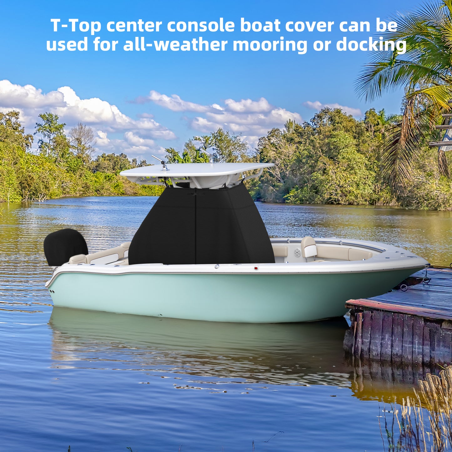 1200D Waterproof T-Top Boat Center Console Cover with Motor Cover, Heavy Duty Marine Grade Polyester Fabric, Fit T-Top Center Console 83" L 55" W 72" H, Black
