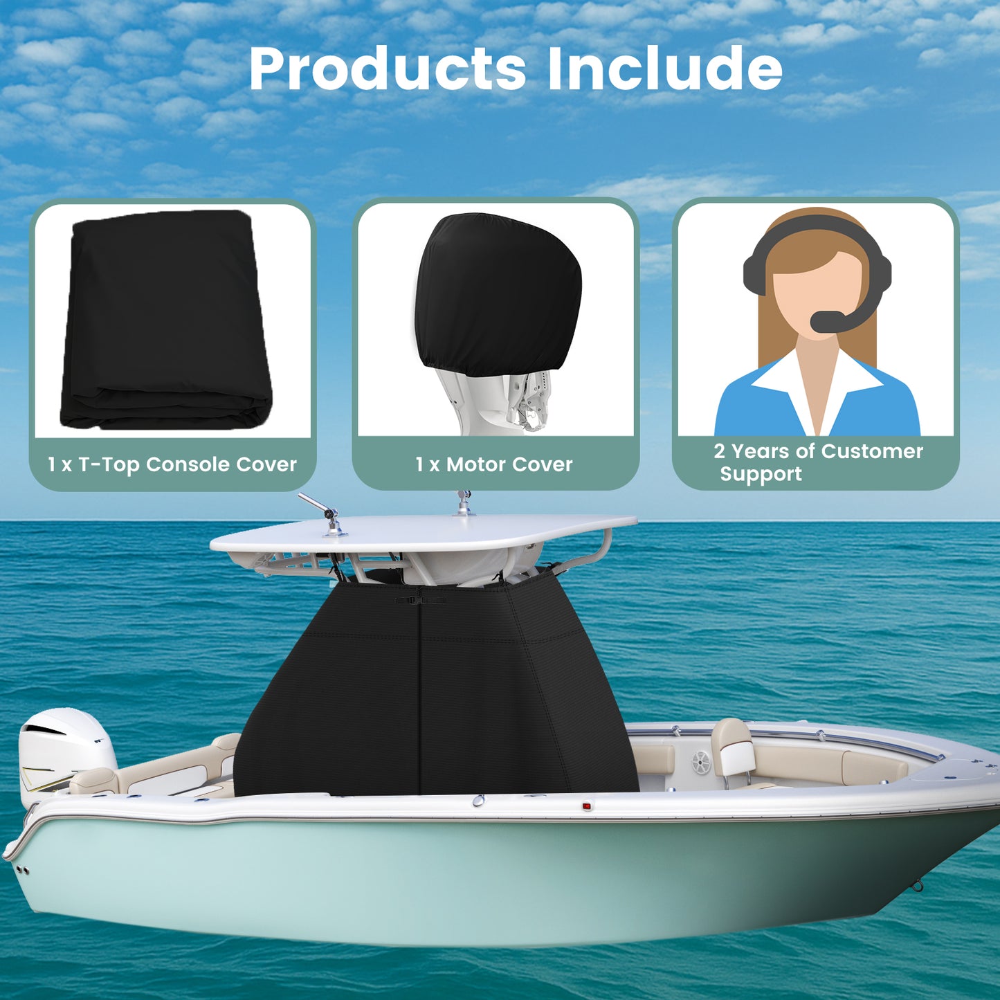 1200D Waterproof T-Top Boat Center Console Cover with Motor Cover, Heavy Duty Marine Grade Polyester Fabric, Fit T-Top Center Console 83" L 55" W 72" H, Black